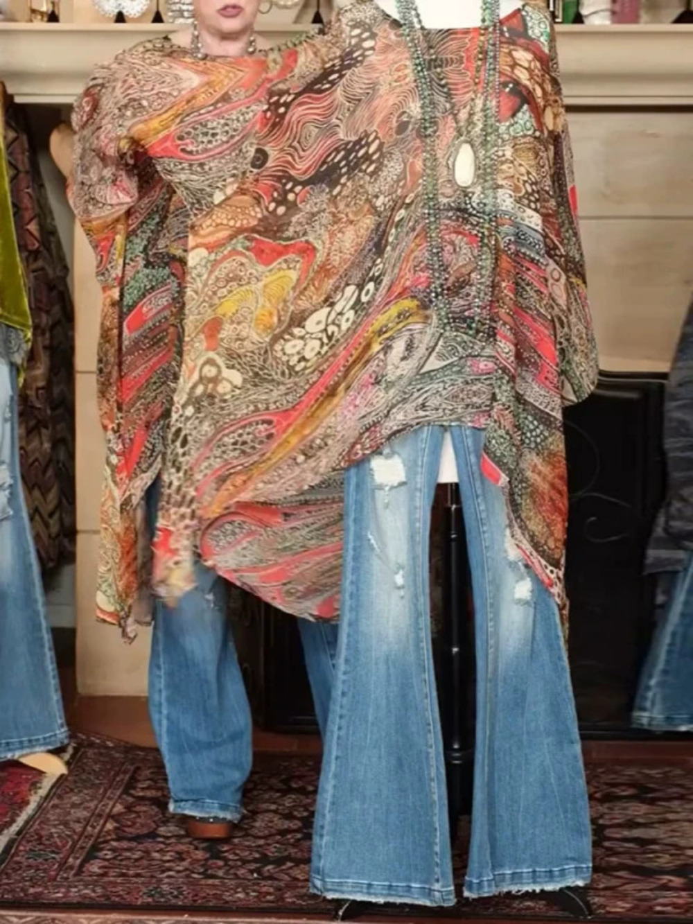 ZARA Summer Fashion Printed Round Neck Loose Batwing Sleeve Top